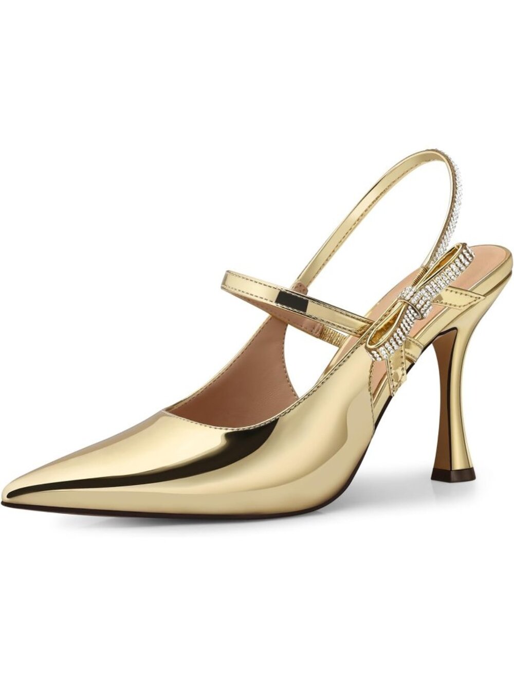 Women's Patent Gold Ankle Strappy With Rhinestone Bow Party Wear Kitten Heels